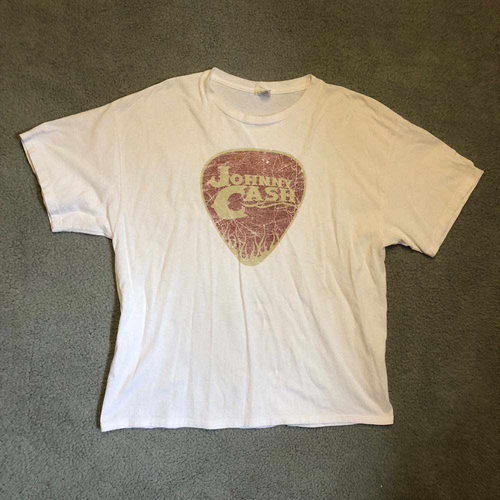Y2K Johnny Cash Guitar Pick Graphic T-Shirt Mens XL White Distressed Country